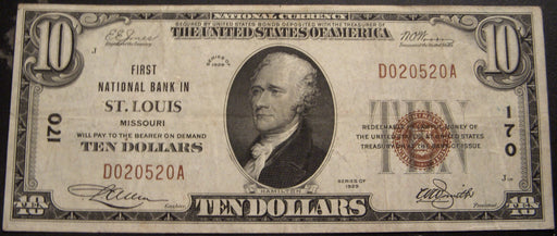 1929 $10 National Bank Note - St. Louis, MO Bank# 170