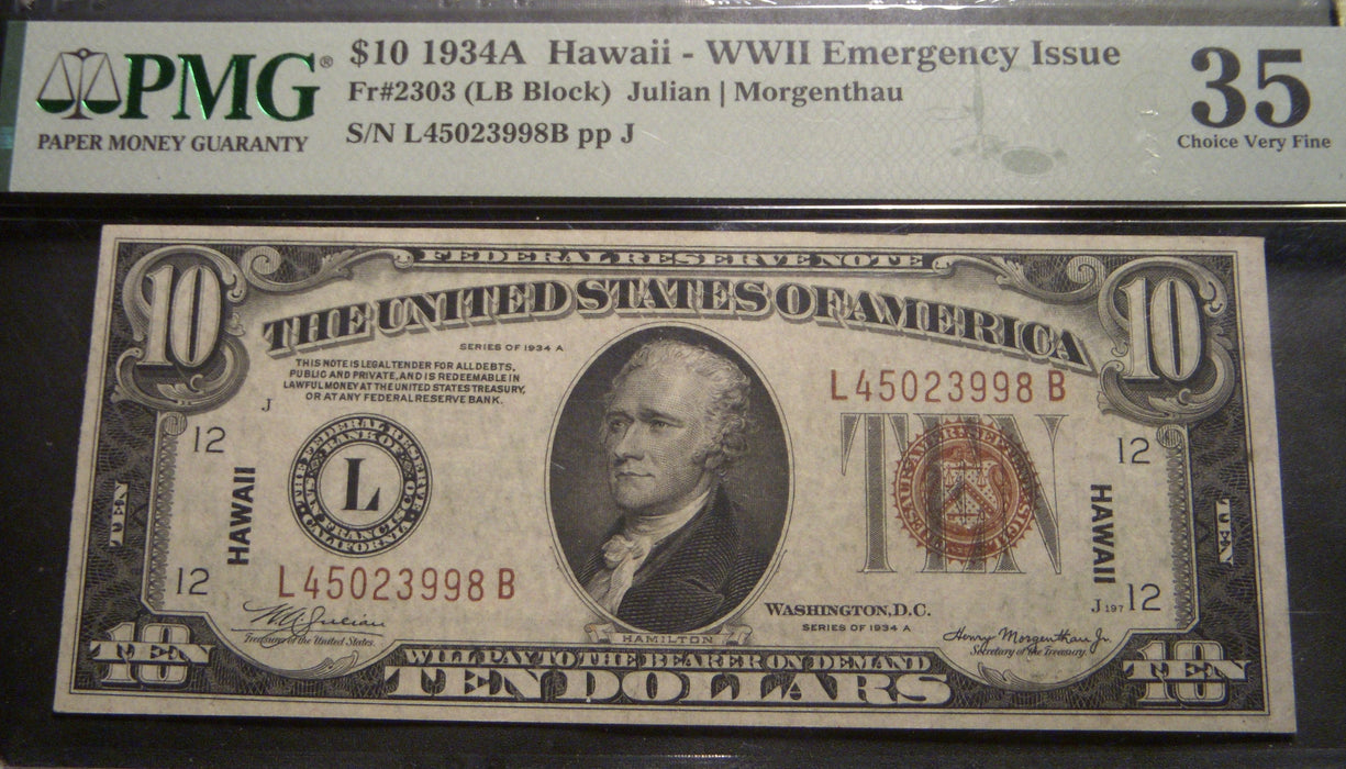 1934A $10 Hawaii Federal Reserve Note - FR# 2303 PMG VF35