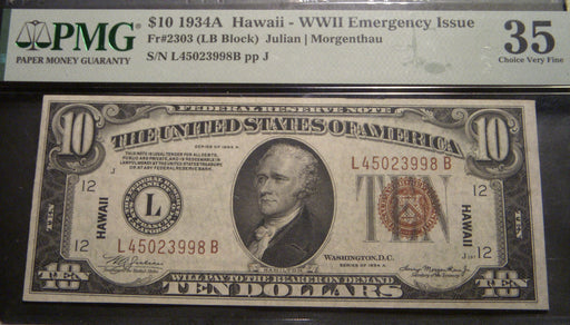 1934A $10 Hawaii Federal Reserve Note - FR# 2303 PMG VF35