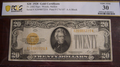 1928 $20 Gold Certificate - PCGS VF30