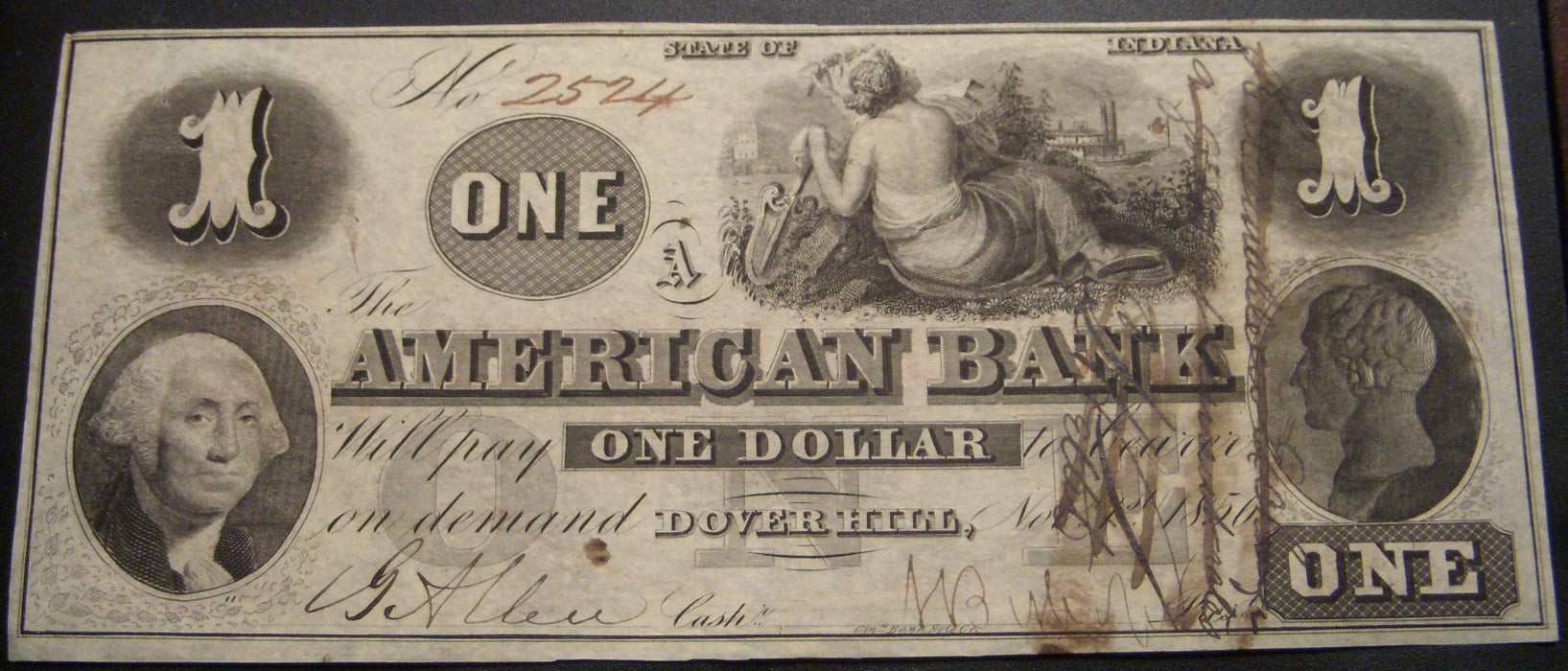 1856 $1 Dover Hill Indiana Obsolete Note