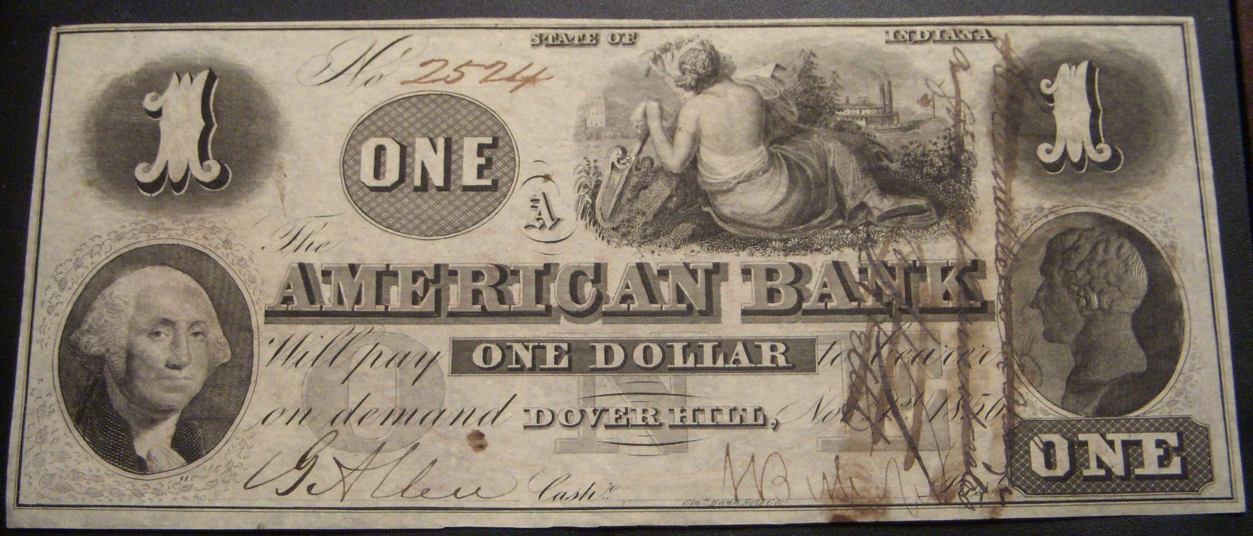 1856 $1 Dover Hill Indiana Obsolete Note