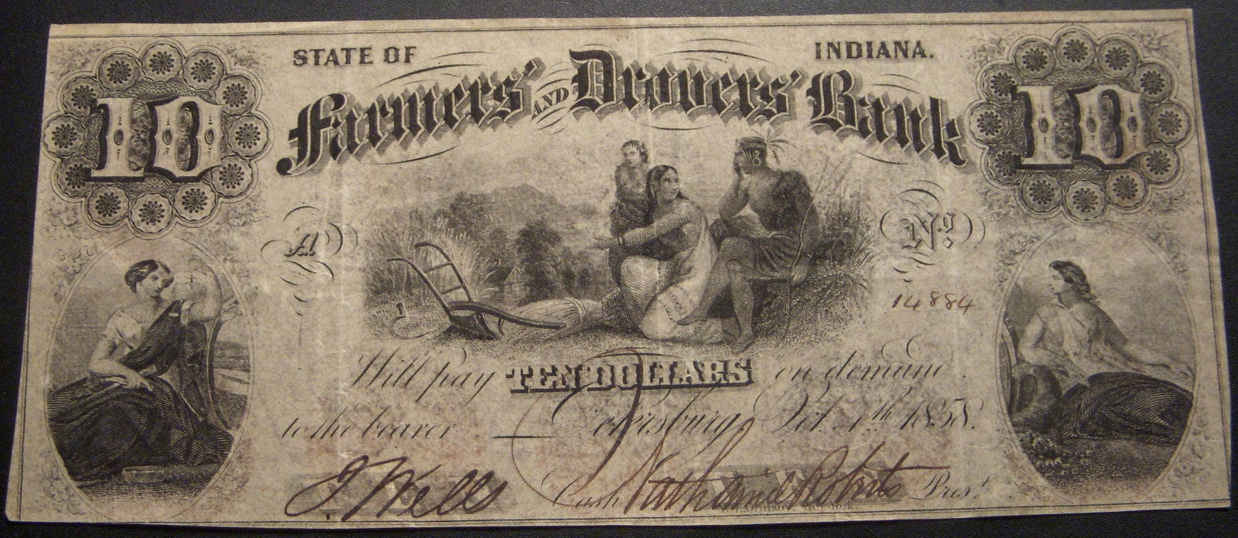 1858 $10 Petersburg Indiana Obsolete Note