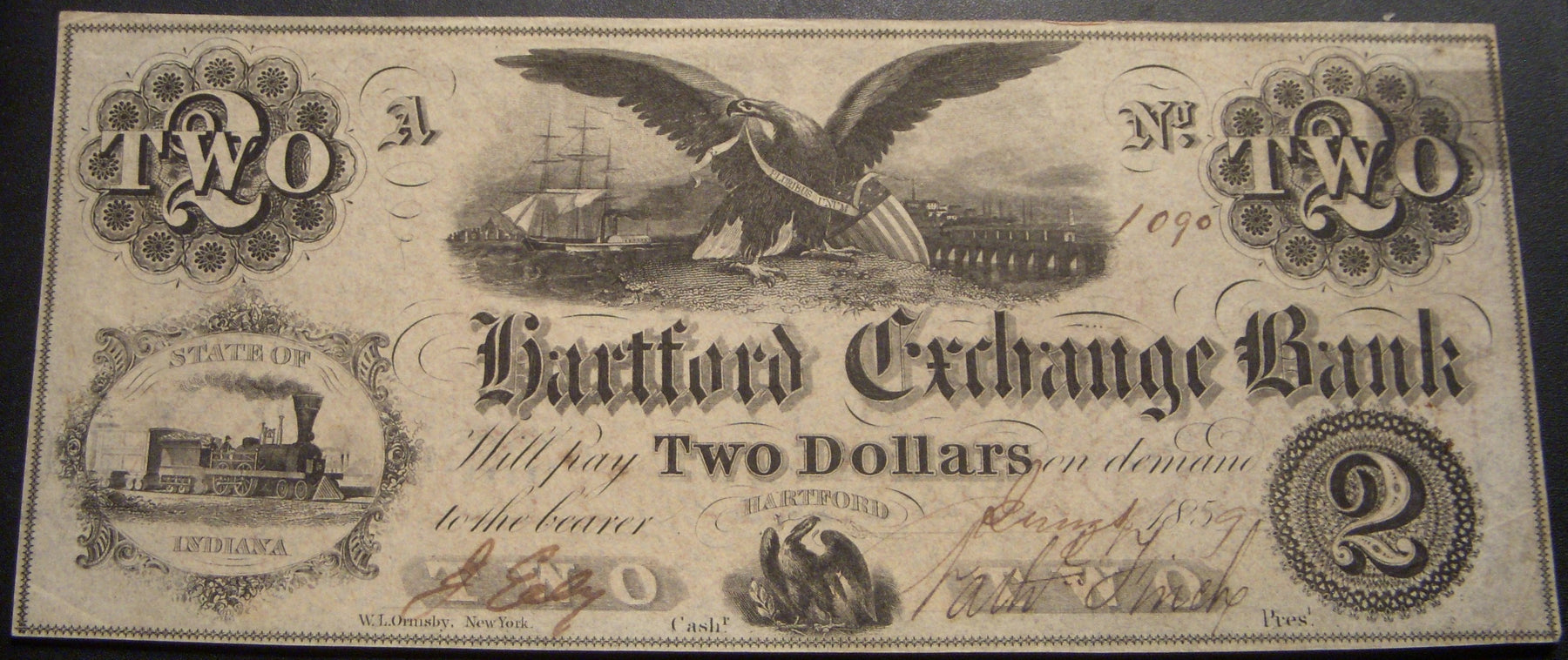 1859 $2 Hartford Indiana Obsolete Note