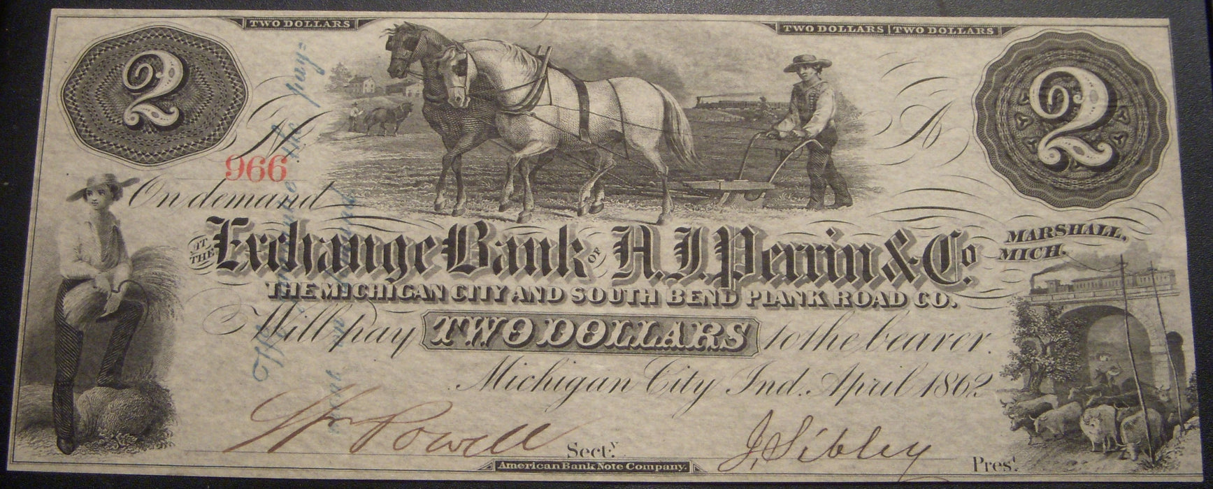 1862 $2 Michigan City, Indiana Obsolete Note