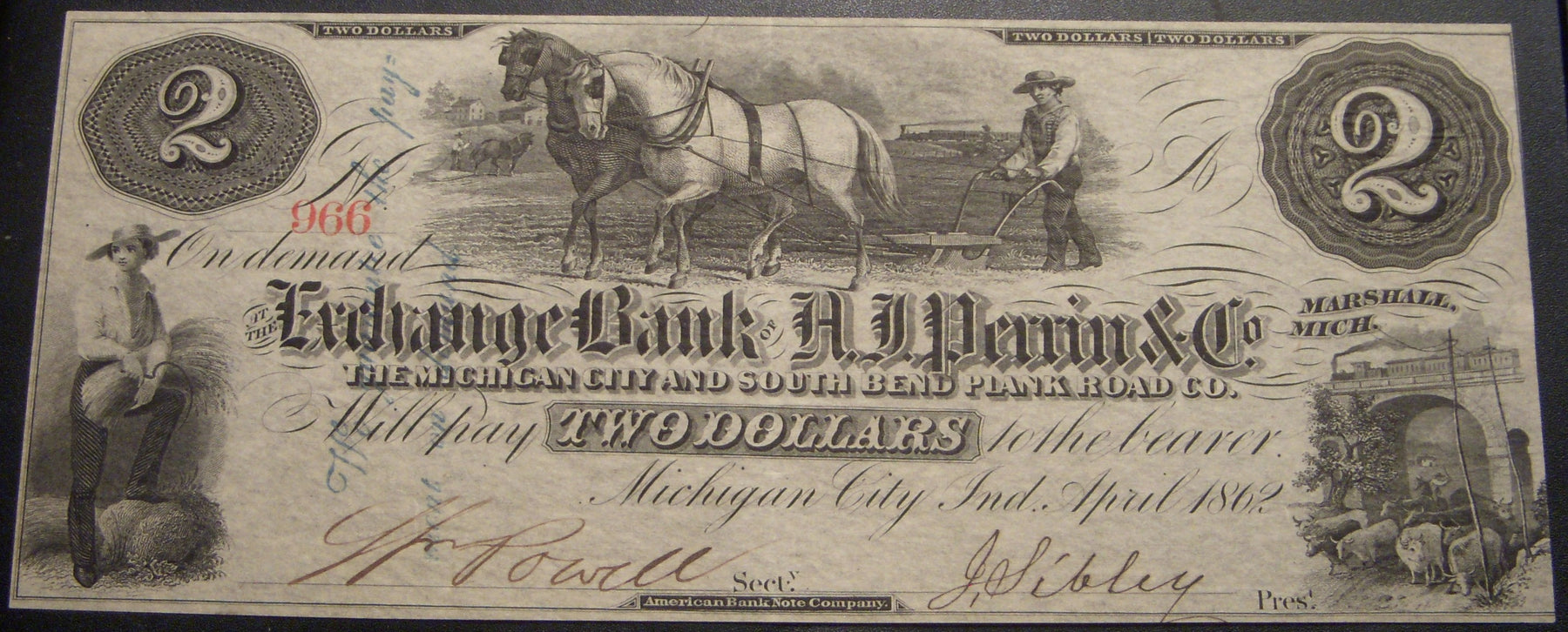 1862 $2 Michigan City, Indiana Obsolete Note