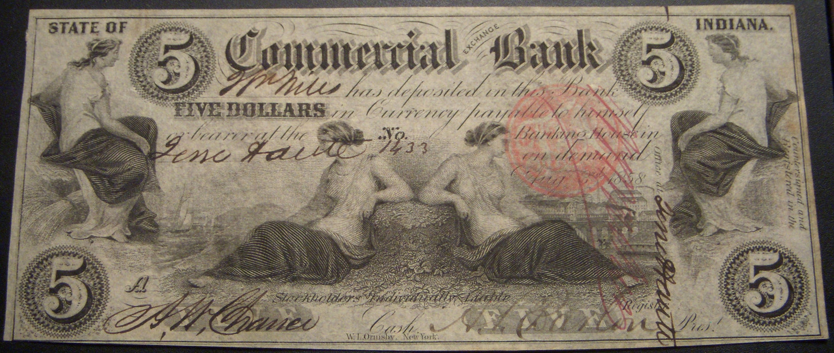 1858 $5 Terre Haute, Indiana Obsolete Note