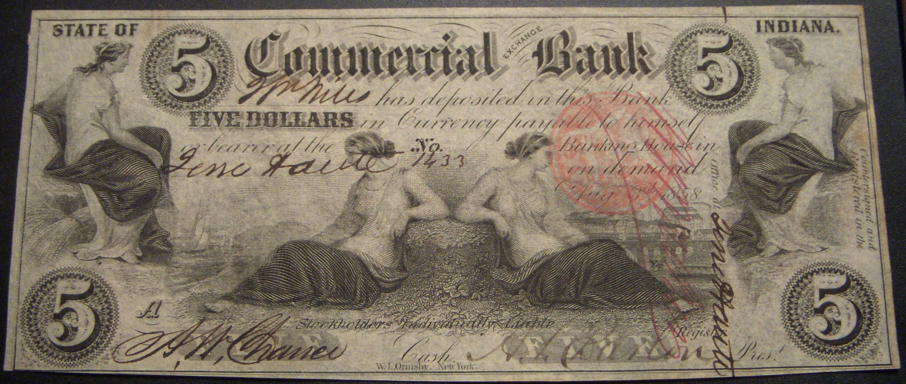 1858 $5 Terre Haute, Indiana Obsolete Note