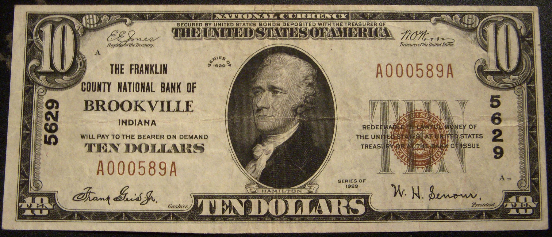 1929 $10 National Bank Note - Brookville, IN Bank# 5628