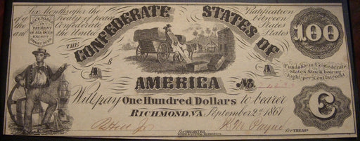 1861 $100 Richmond, VA Confederate Note - AU/Unc. T-13