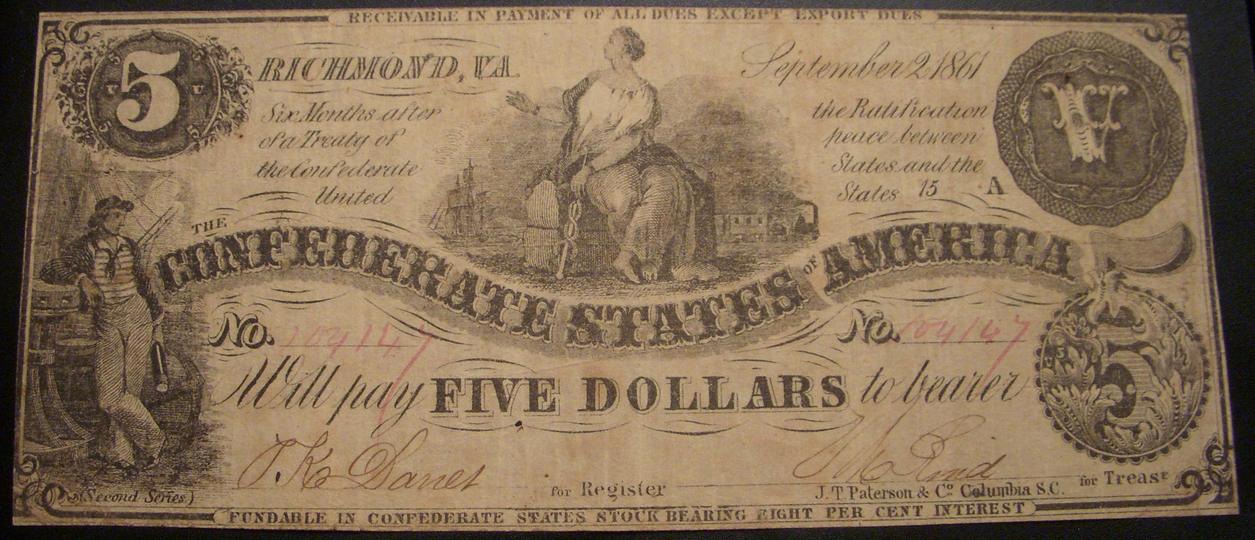 1861 $5 Richmond, VA Confederate Note - T-36
