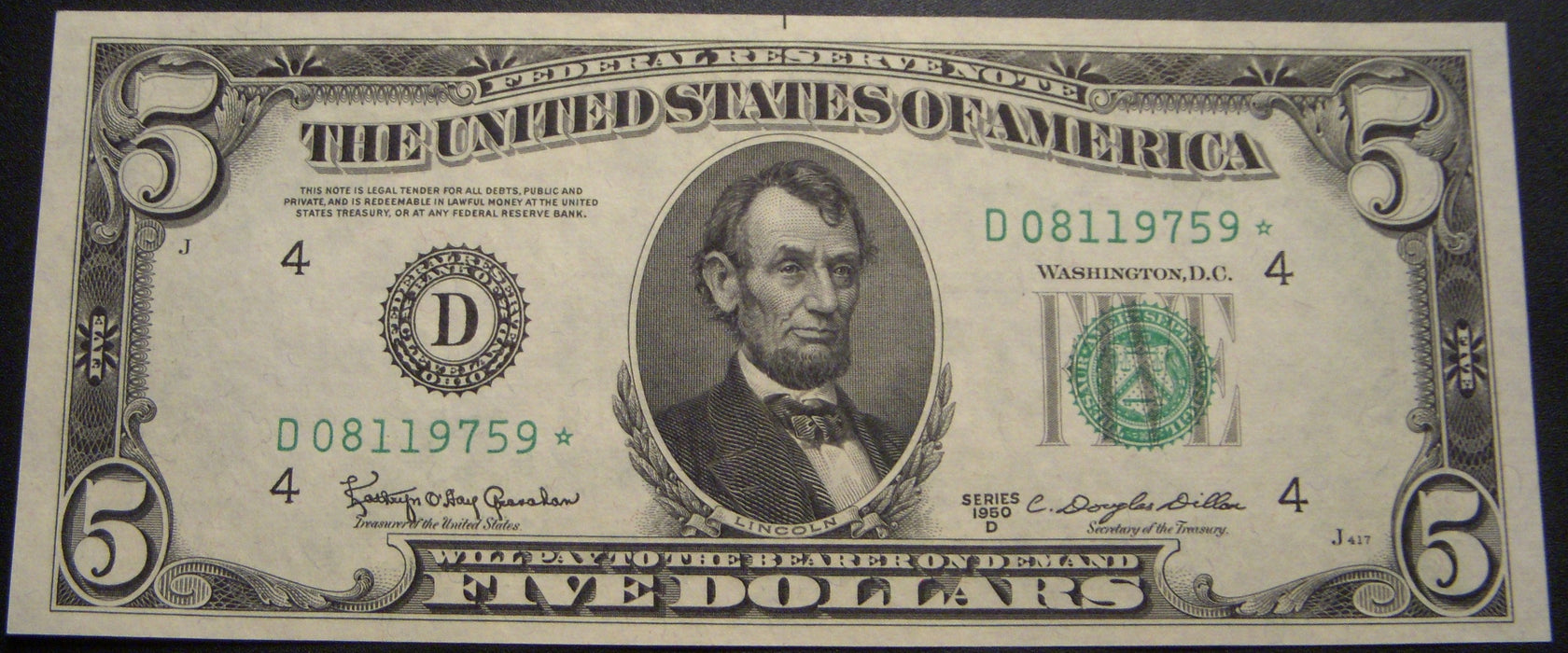 1950D (D) $5 Federal Reserve Note - FR#1965D* Star Note