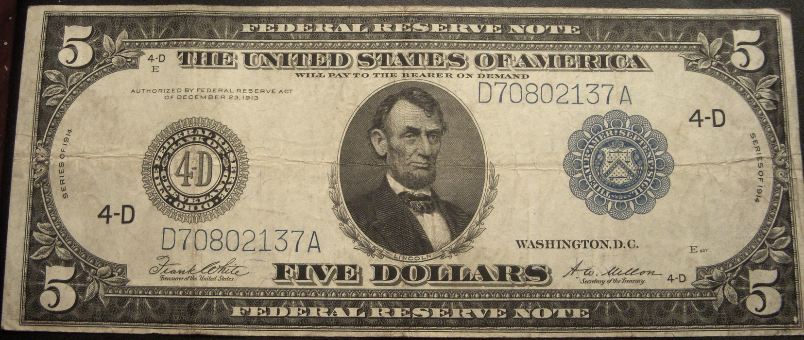 1914 4-D $5 Federal Reserve Note - FR# 859