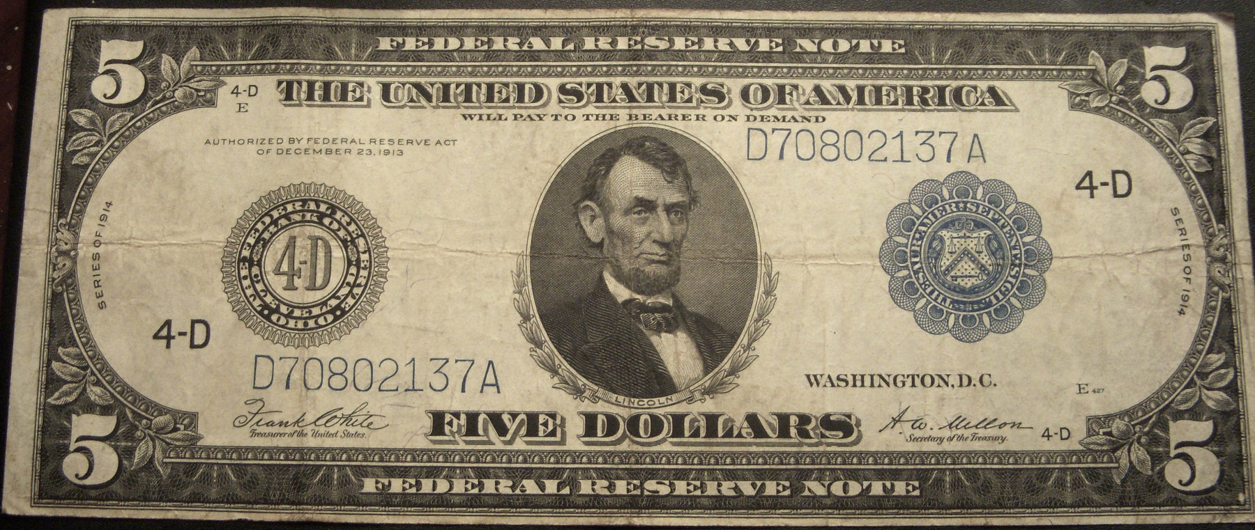 1914 4-D $5 Federal Reserve Note - FR# 859