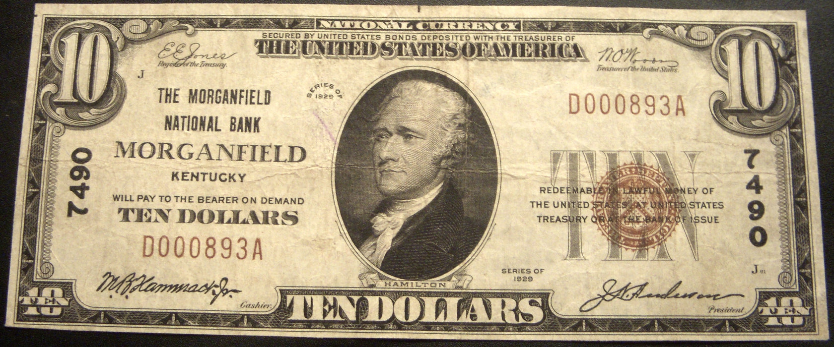 1929 $10 National Bank Note - Morganfield, KY Bank# 7490