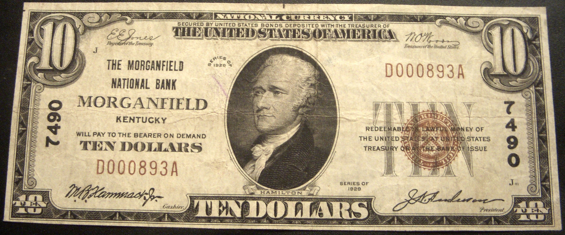 1929 $10 National Bank Note - Morganfield, KY Bank# 7490
