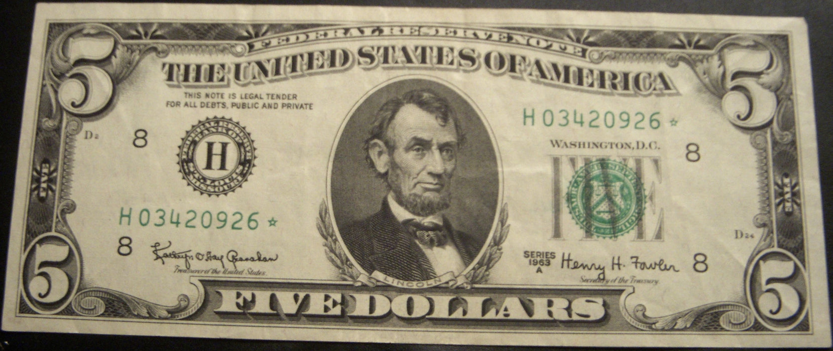 1963A (H) $5 Federal Reserve Note - FR# 1968H* Star Note