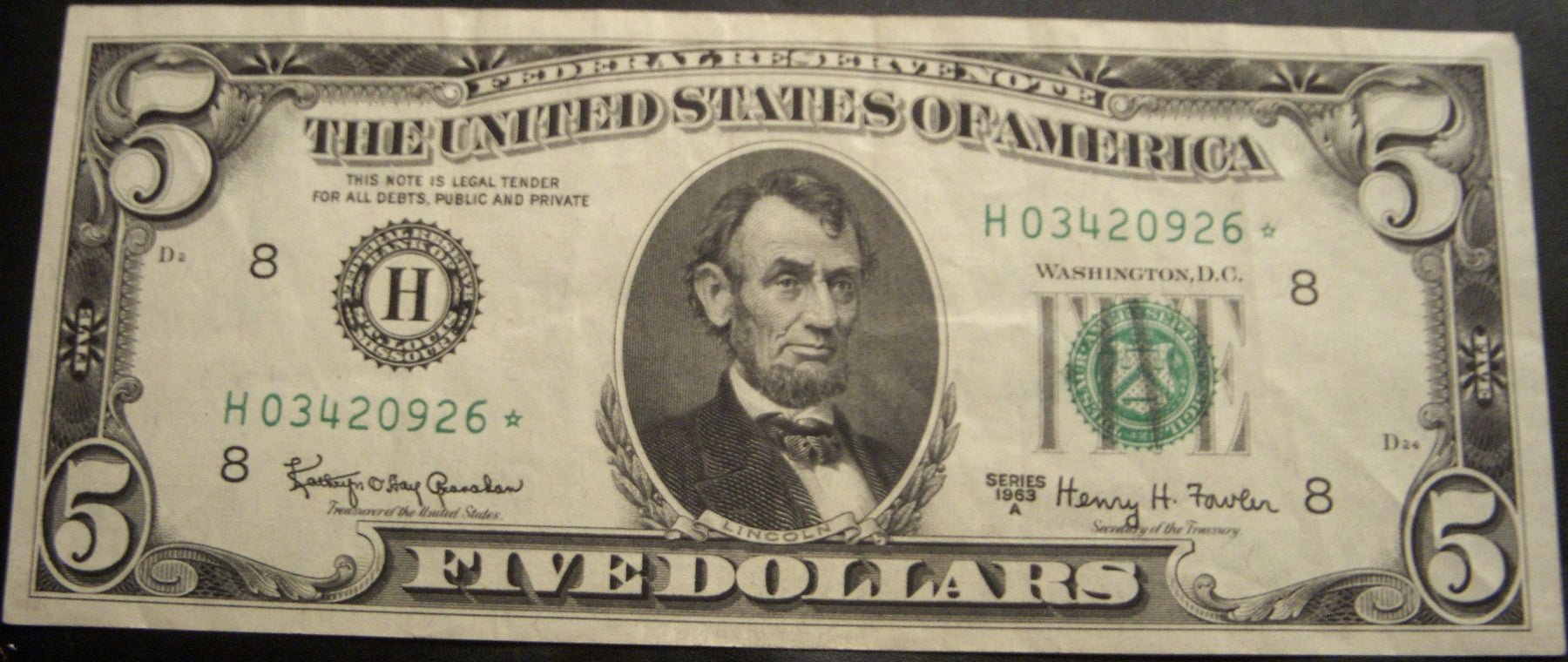 1963A (H) $5 Federal Reserve Note - FR# 1968H* Star Note