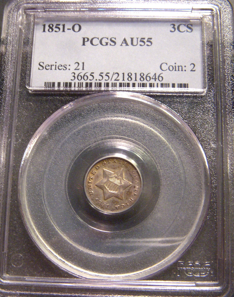 1851-O Silver Three Cent - PCGS AU 55