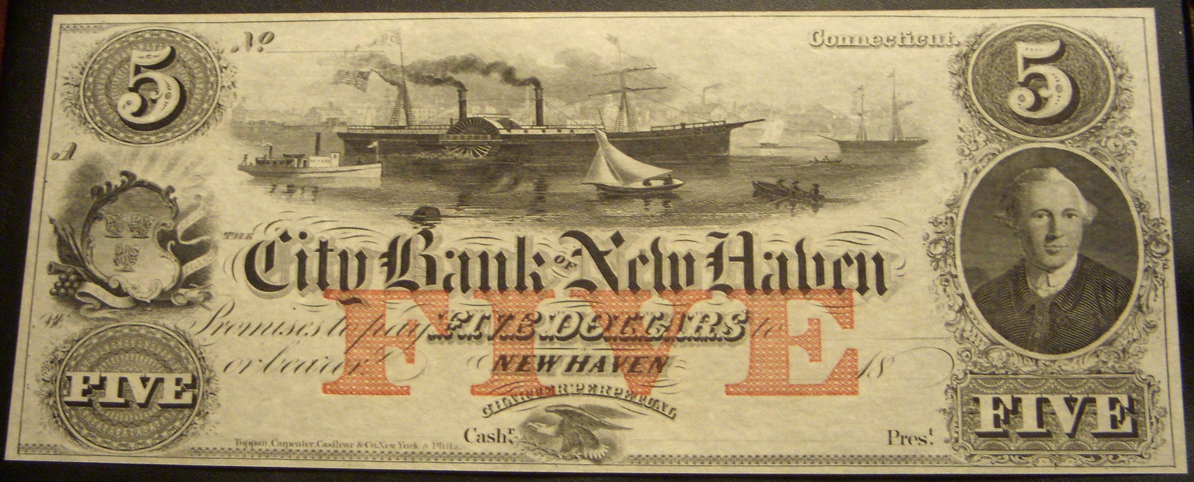 $5 City Bank of New Haven Connecticut Obsolete Note - Non-Issued
