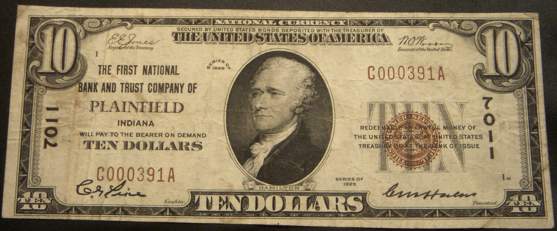 1929 $10 National Bank Note - Plainfield, IN Bank# 7011