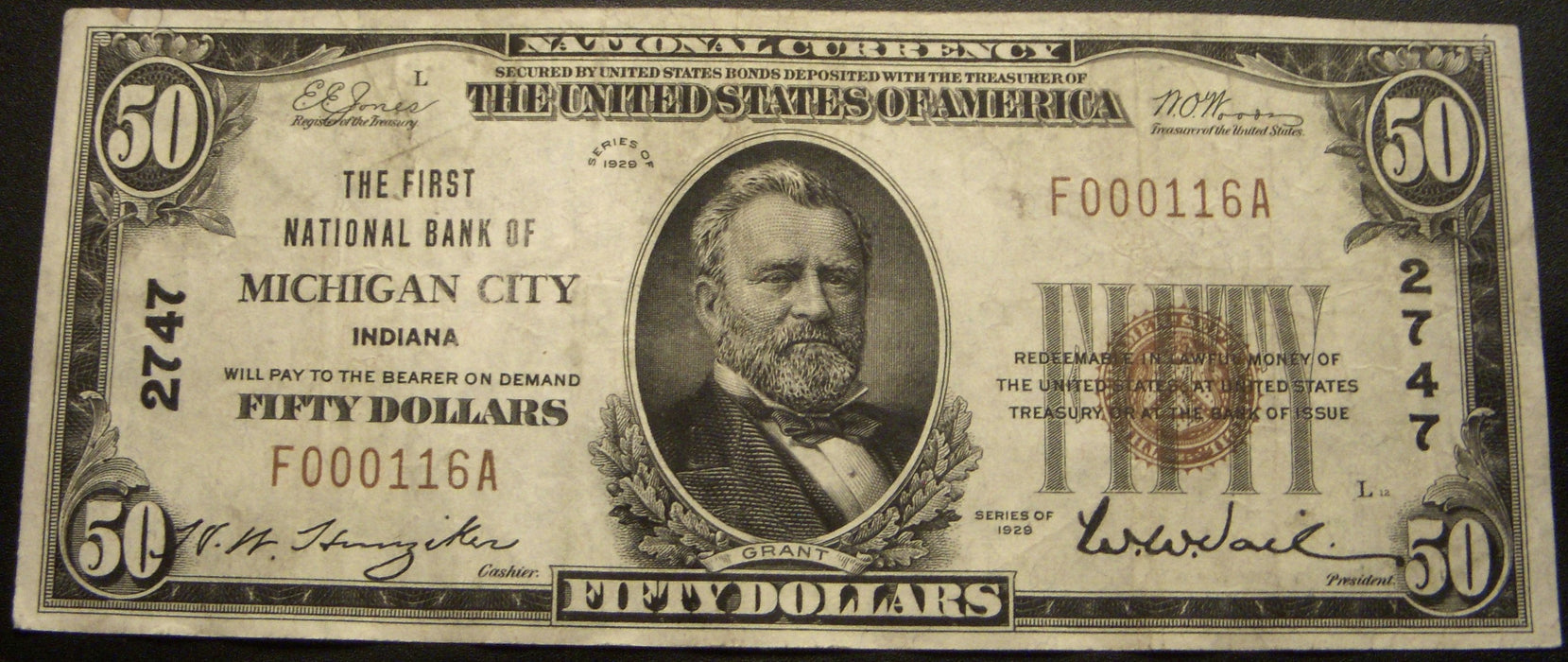 1929 $50 National Bank Note - Michigan City, IN Bank# 2747