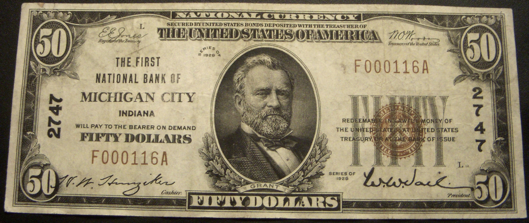 1929 $50 National Bank Note - Michigan City, IN Bank# 2747