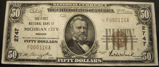 1929 $50 National Bank Note - Michigan City, IN Bank# 2747