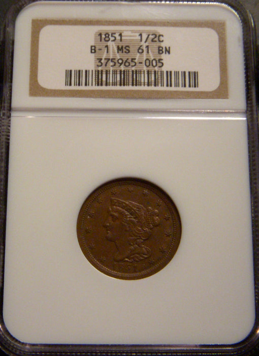 1851 Half Cent - NGC B-1 MS 61 BN