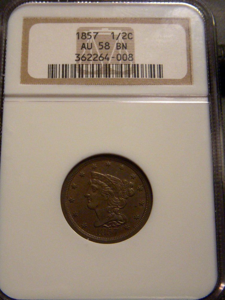 1857 Half Cent - NGC AU 58 BN