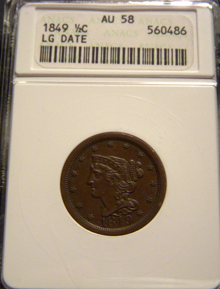 1849 Half Cent - ANACS AU58 LG Date