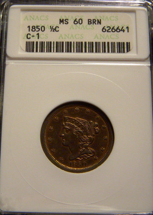 1850 Half Cent - ANACS MS60BRN C-1