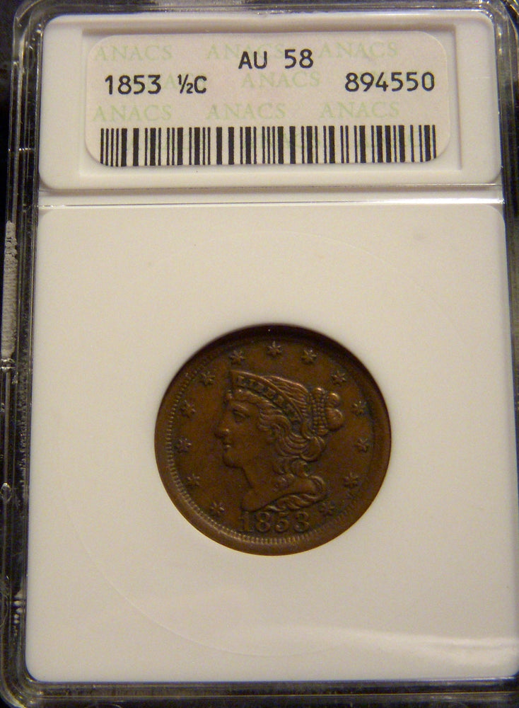 1853 Half Cent - ANACS AU58