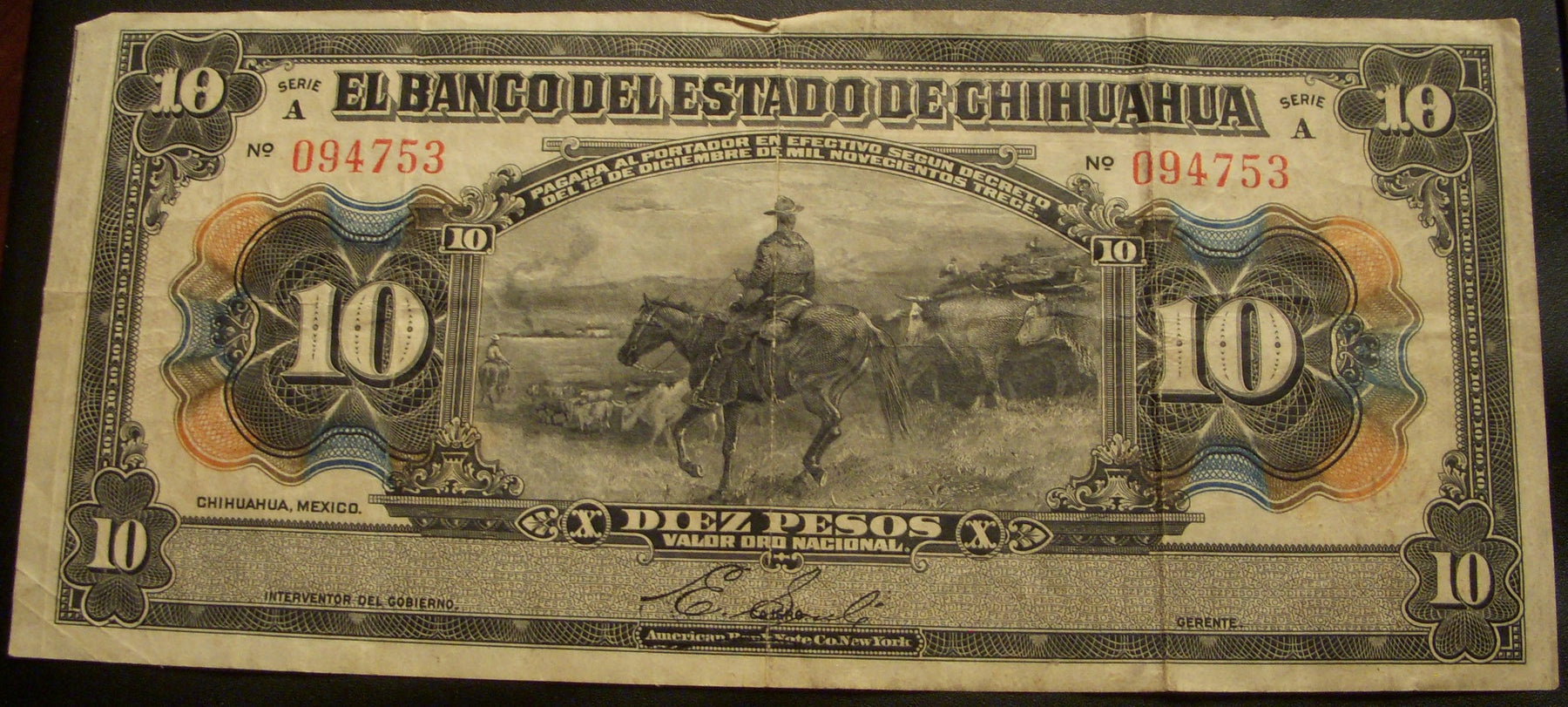 1913 10 Pesos Note - Mexico Revolution Chihuahua