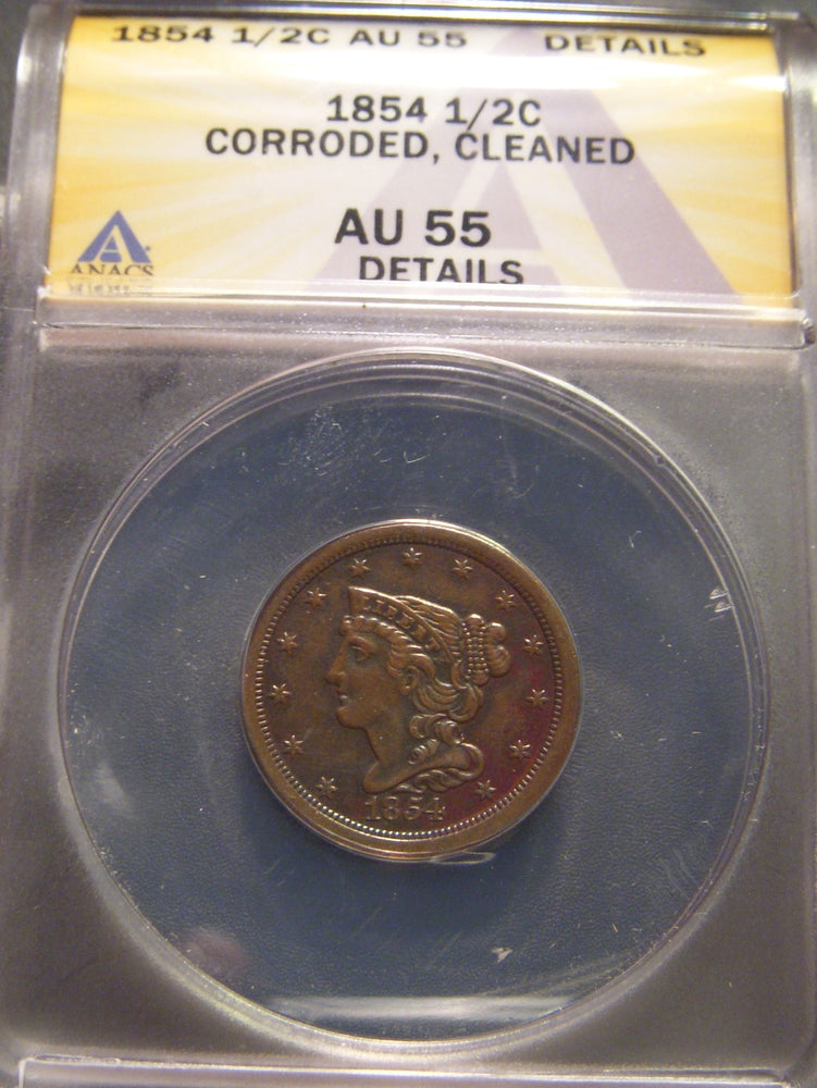 1854 Half Cent - ANACS AU55 Details