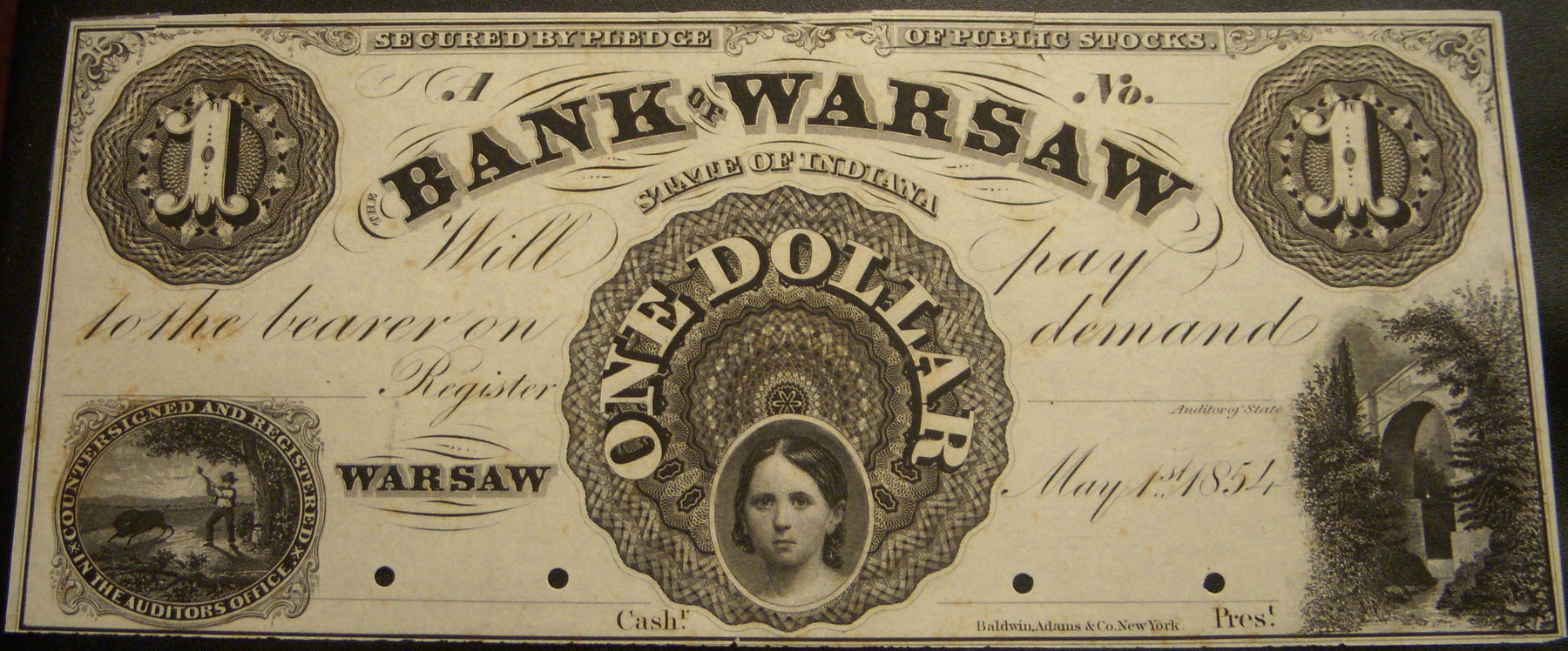 1854 $1 Bank of Warsaw, IN Obsolete Note