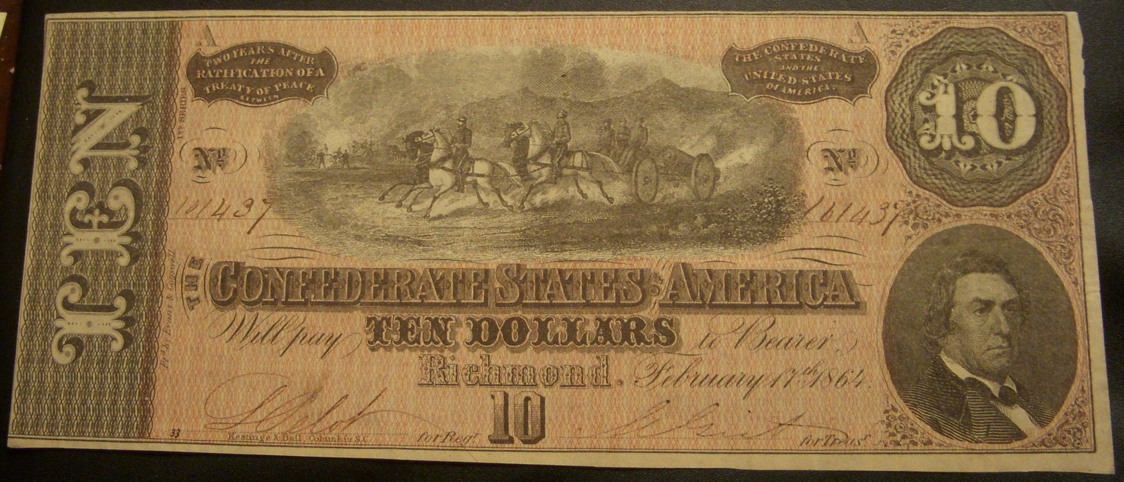 1864 $10 Confederate Note - T-68