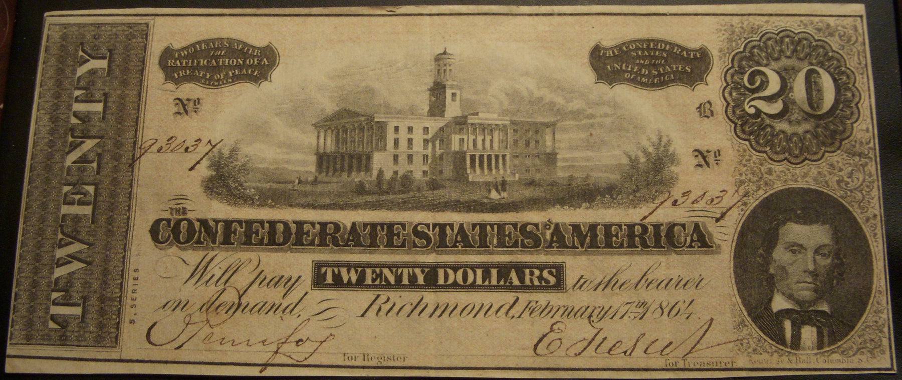 1864 $20 Confederate Note - T-67