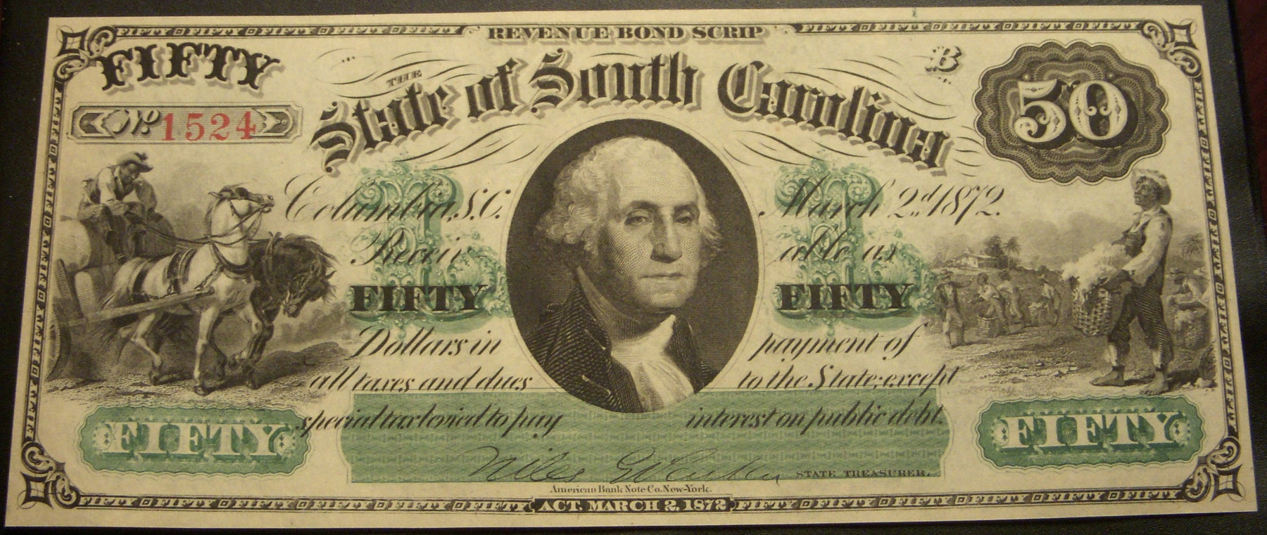 1872 $50 State of South Carolina Obsolete Note