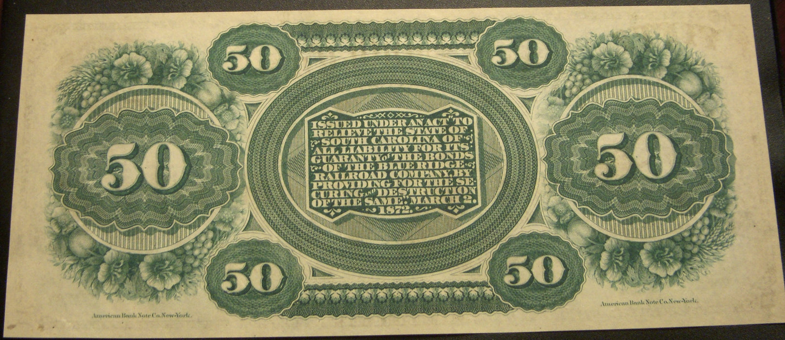 1872 $50 State of South Carolina Obsolete Note