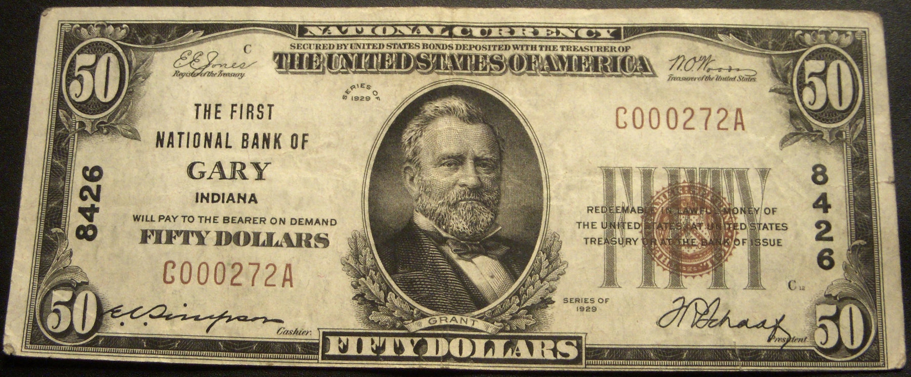 1929 $50 National Bank Note - Gary, IN Bank# 8426