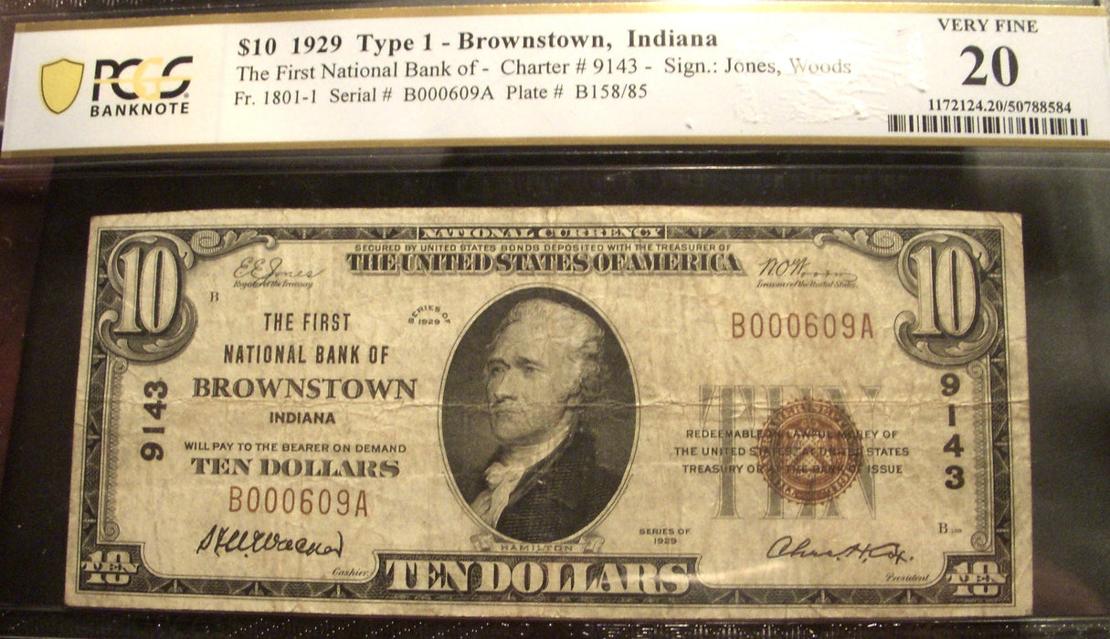 1929 $10 National Bank Note - Brownstown, IN Bank# 9143