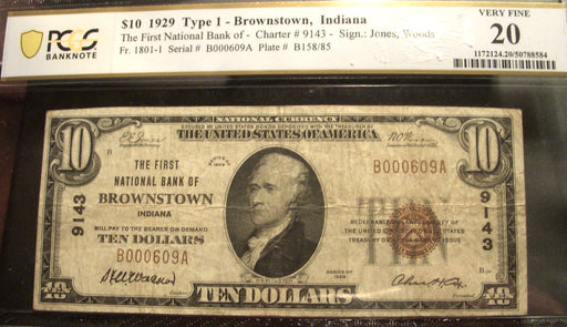 1929 $10 National Bank Note - Brownstown, IN Bank# 9143