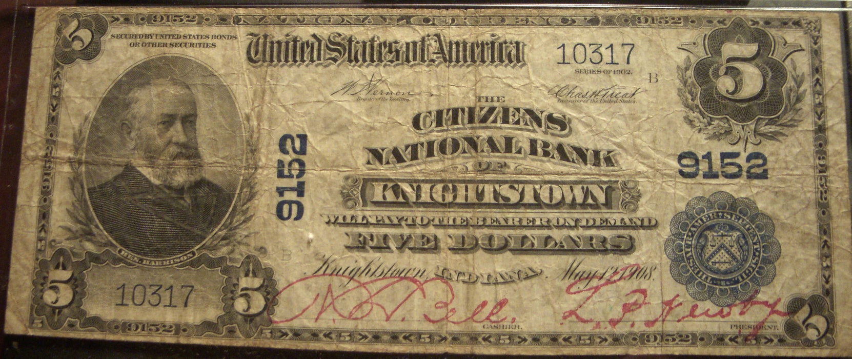 1902PB $5 National Bank Note - Knightstown, IN Bank# 9152