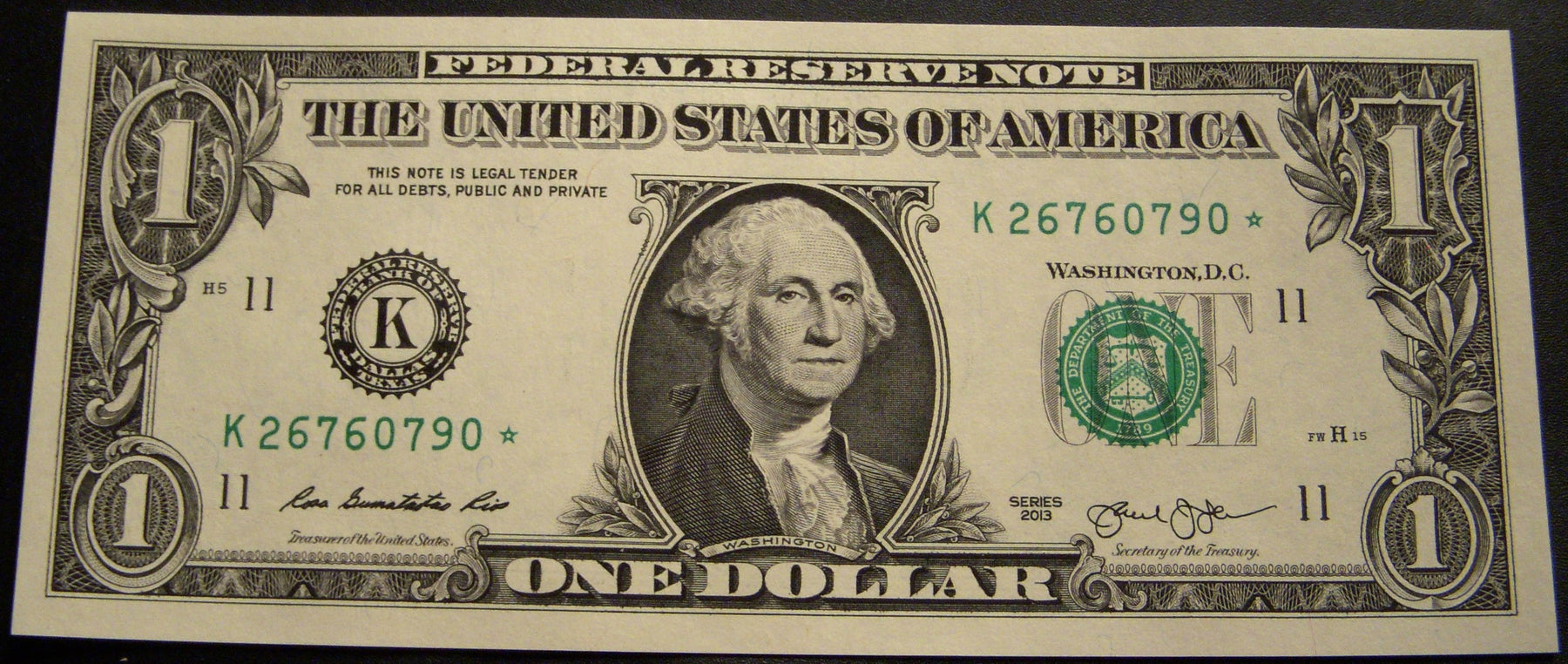 2013 (K) $1 Federal Reserve Note - Star Note