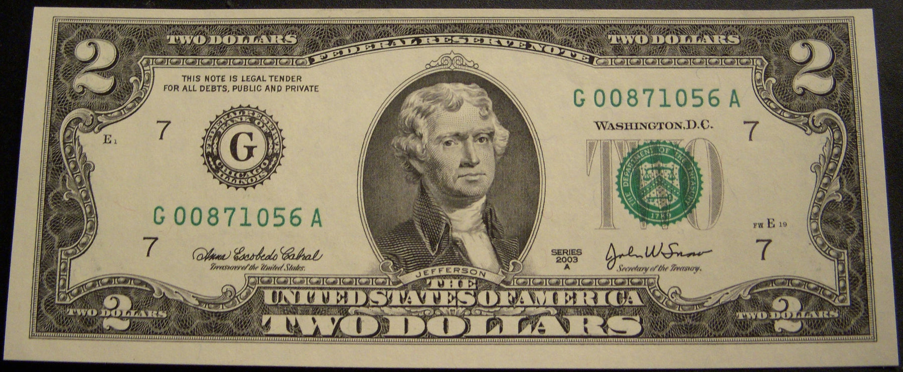 2003A (G) $2 Federal Reserve Note