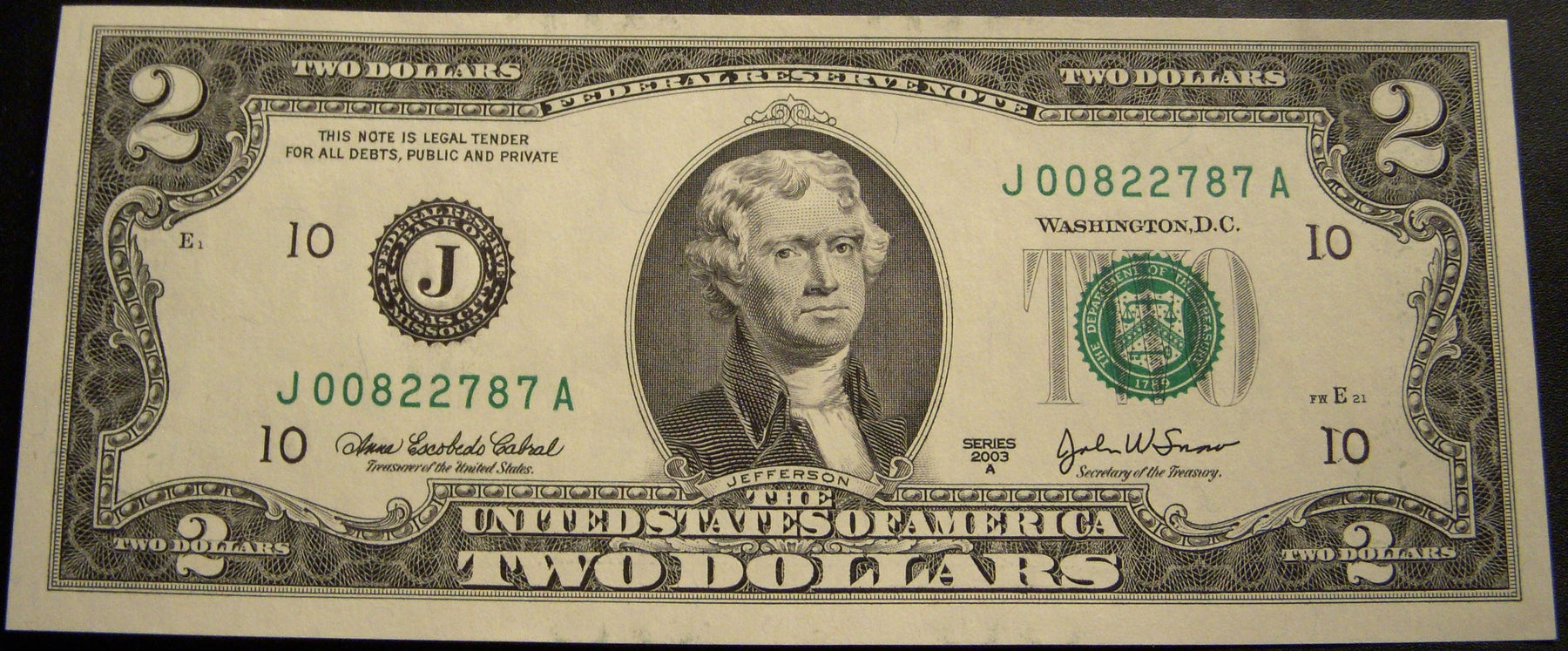 2003A (J) $2 Federal Reserve Note