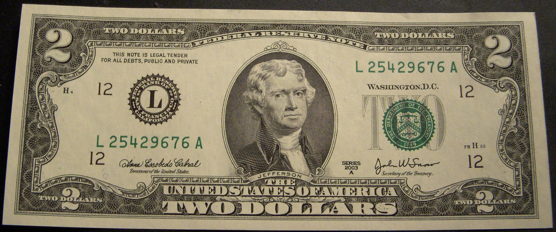 2003A (L) $2 Federal Reserve Note