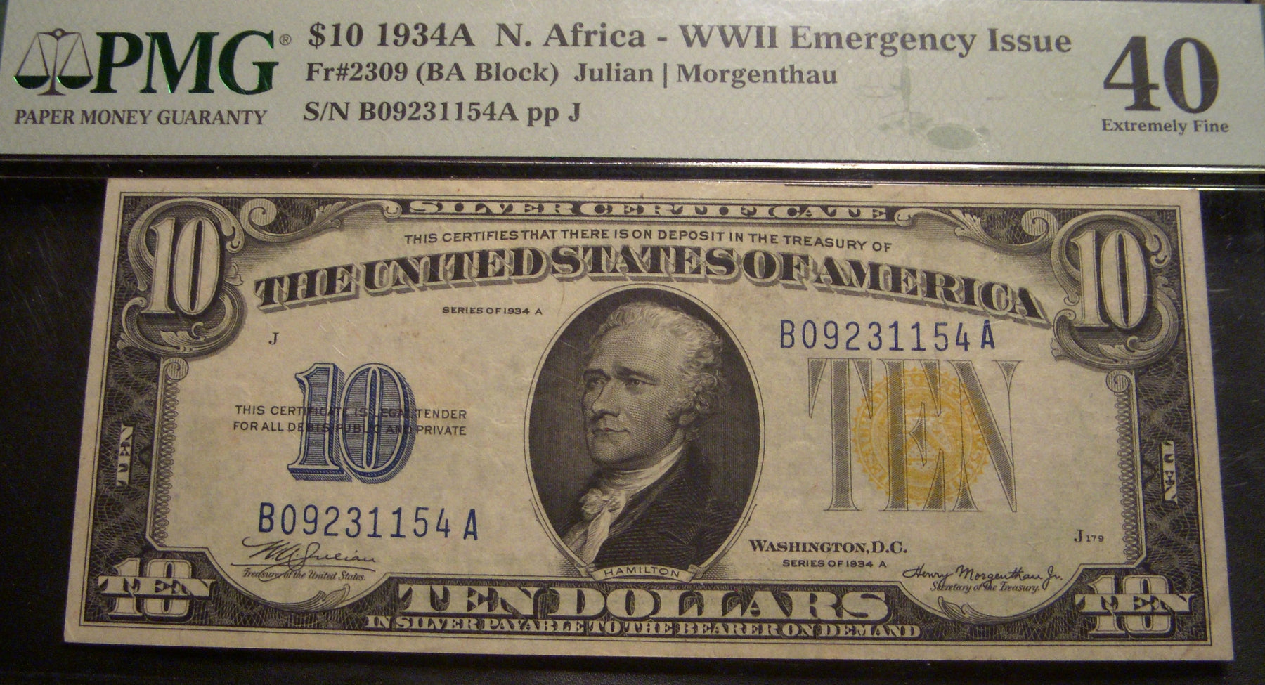 1934A North Africa $10 Silver Certificate - FR# 2309 PMG EF40