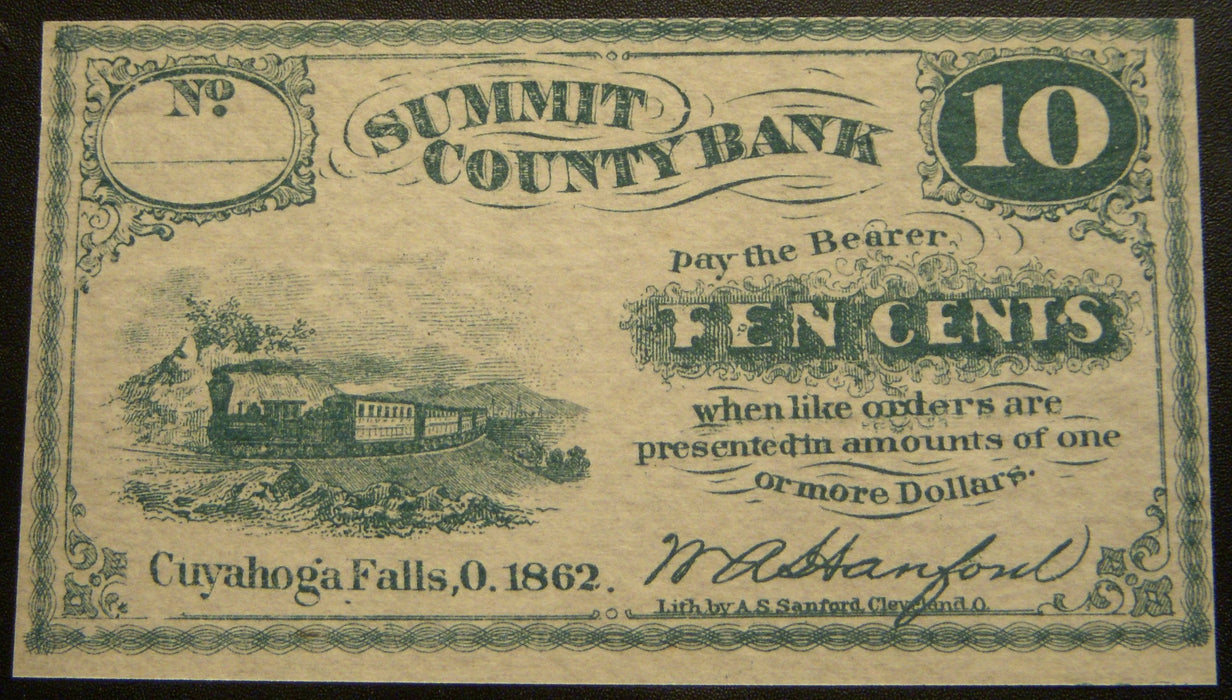 1862 10 Cents Summit County Bank Cuyahoga Falls, OH Note
